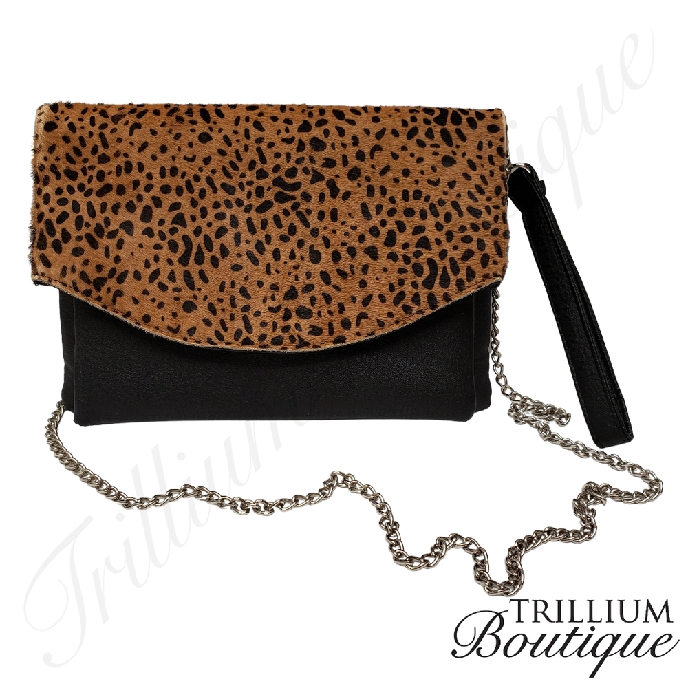 Animal Print Long Chain Crossbody Bag Purse Magnetic Closure with Zipper Pouch